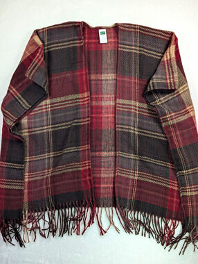 Woolrich Plaid Fringed Blanket Wrap Poncho Shawl One Size Burgundy Excellent